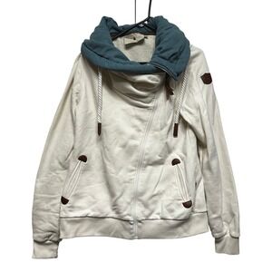 Wanakome Hestia Cowl Neck Sweatshirt Full Zip Women's L White Blue Asymmetrical